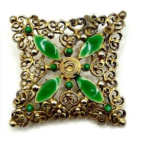 Vintage Gold Tone Filigree Green Square Brooch Pin